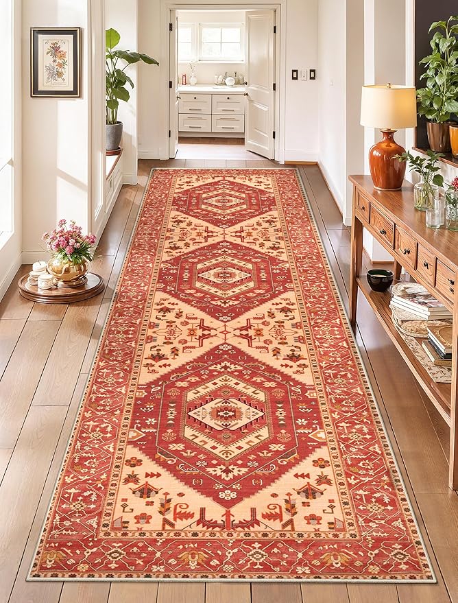 SERISSA Runner Rug for Hallways, 2'6"x8' Washable Non Slip Kitchen Runner Rug, Long Boho Rug Vintage Red Hallway Stair Ultra Soft Print Floor Carpet for Bedroom Bathroom Laundry Room