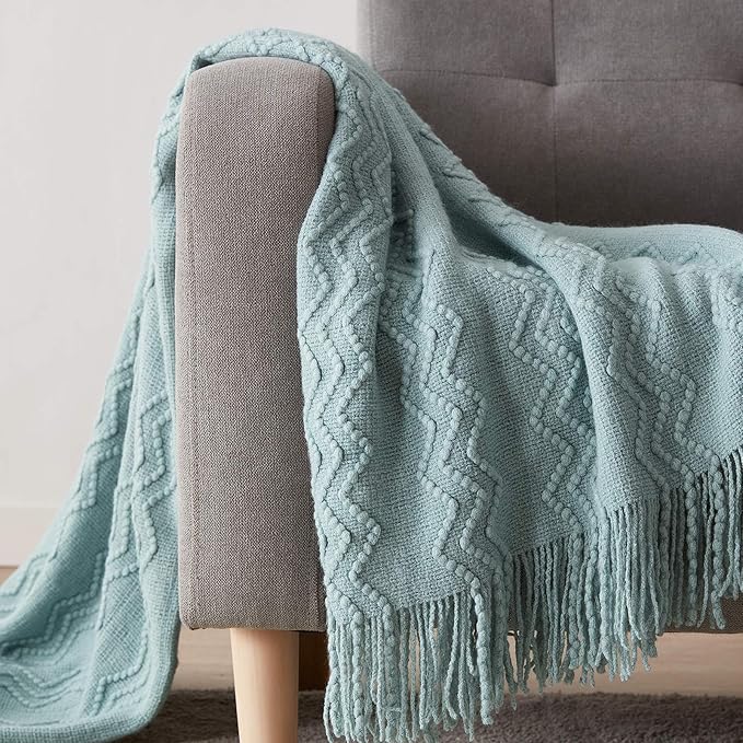 BOURINA Aqua Throw Blanket 60x80 Inches Throw Textured Solid Soft Sofa Throw Couch Knitted Decorative Blanket