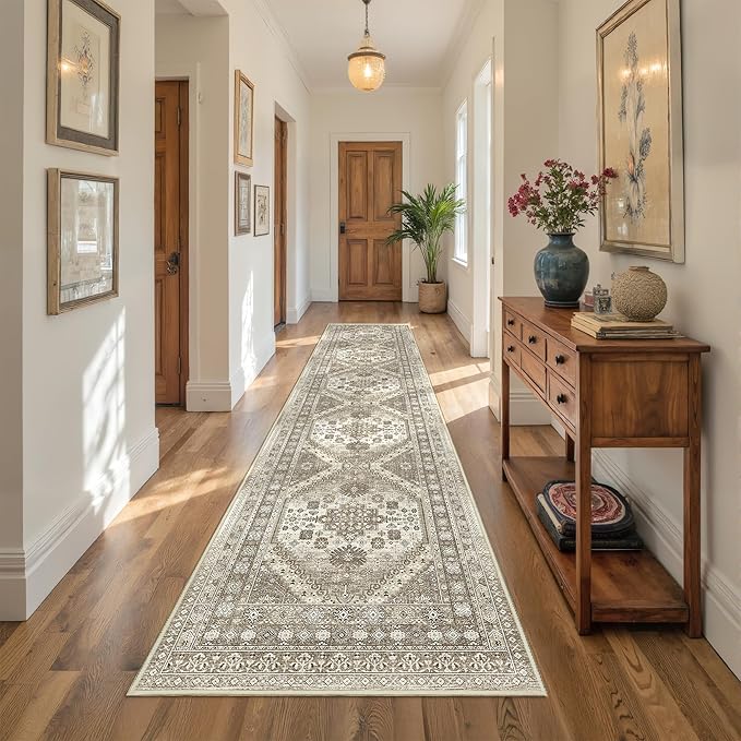 Carpet Runners for Hallway 12ft, Non-Slip Long Bathroom Rugs Runner for Kitchen, Living Room, Bedroom, Soft Vintage Washable Rug for Entryway, Thin Floor Mat for Dining Room(Brown,2.5'x12')