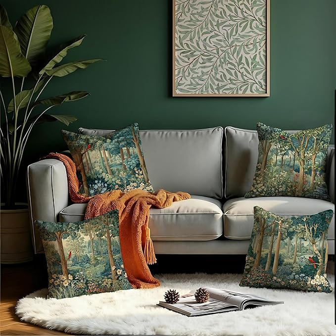 Rustic Spring Forest Green Pillow Covers 18x18 Set of 4, Cottagecore Forest Nature Botanical Wildflower Decorative Throw Pillow Covers for Sofa Bed Bedroom Living Room