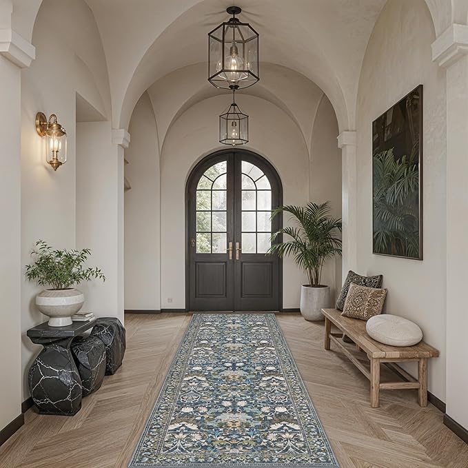 Hallway 3x10 Washable Runner Rug: Kitchen Rugs Entryway Area Rugs Vintage Soft Floor Mat Non Slip Indoor Farmhouse Carpet for Bathroom Living Room Bedroom Printed Rug for Family(3x10 Floral/Blue)