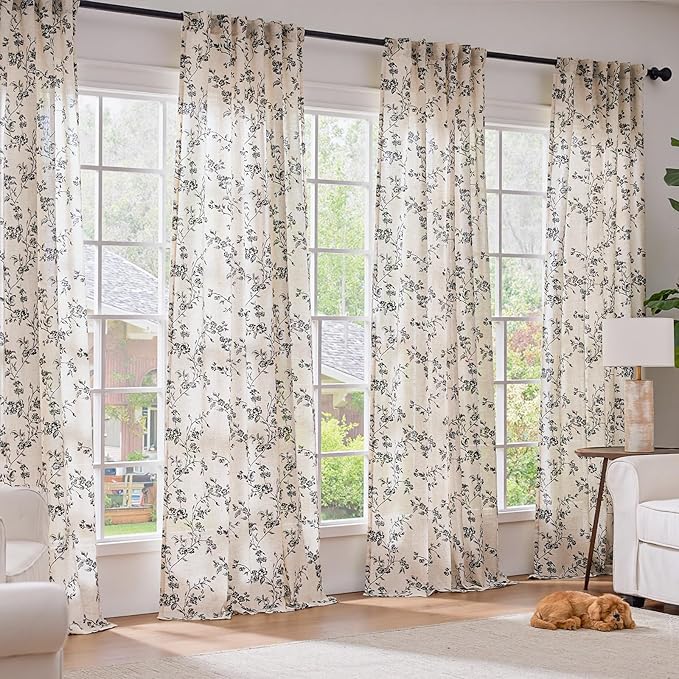 Lazzzy Farmhouse Linen Curtains Black Floral Curtains 84 Inch Length Back Tab Drapes for Living Room Bedroom Light Filtering Country Vintage Rod Pocket, 2 Panels, Black on Beige