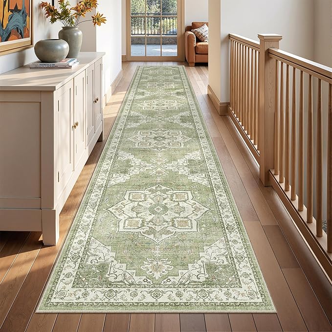 Hallway Runner Rug 2x12, Extra Long Washable Runner Rugs with Rubber Backing, Non Slip Runner, Vintage Rug Runners for Kitchen Laundry Room Entryway (Light Green,2'x12')