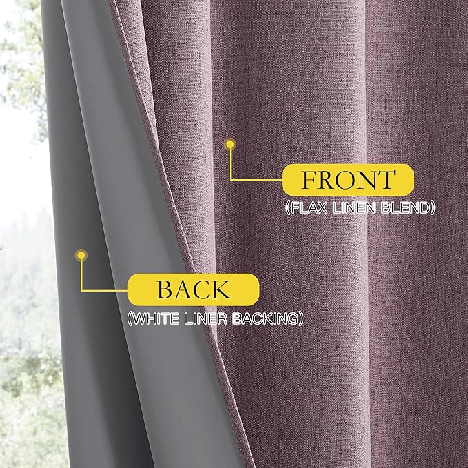 NICETOWN Chaise Mauve Vintage Linen 100% Blackout Curtains for Living Room, Thermal Insulated Curtains 95“ Long, Noise Reducing Window Treatment Drapes for Home Office, 62" Wide Per Panel, Set of 2