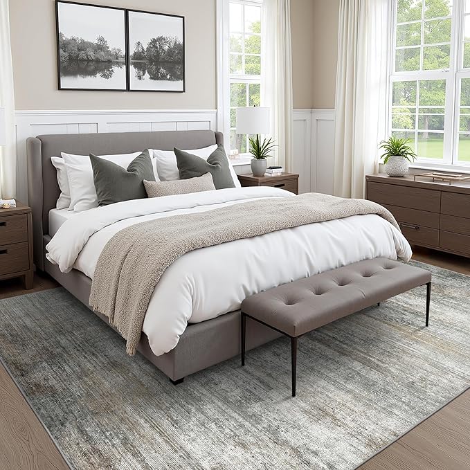 BEIMO Area Rugs 6x9 for Living Room Bedroom, Modern Abstract Machine Washable Rug, Large Soft Low Pile Floor Cover with Non Slip Backing for Dining Room, Ash Gray Brown