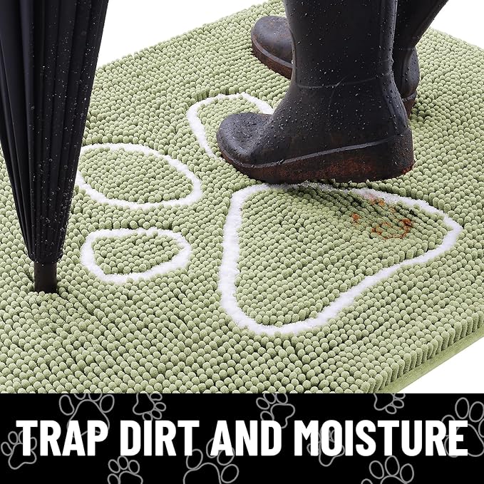 Smiry Dog Door Mat for Muddy Paws, Absorbent Dirt Trapper Non Slip Quick Dry Washable Chenille Mat for Mud Dogs, Entry Rug for Indoor and Outdoor (48x30 Inches, Sage Green and White)