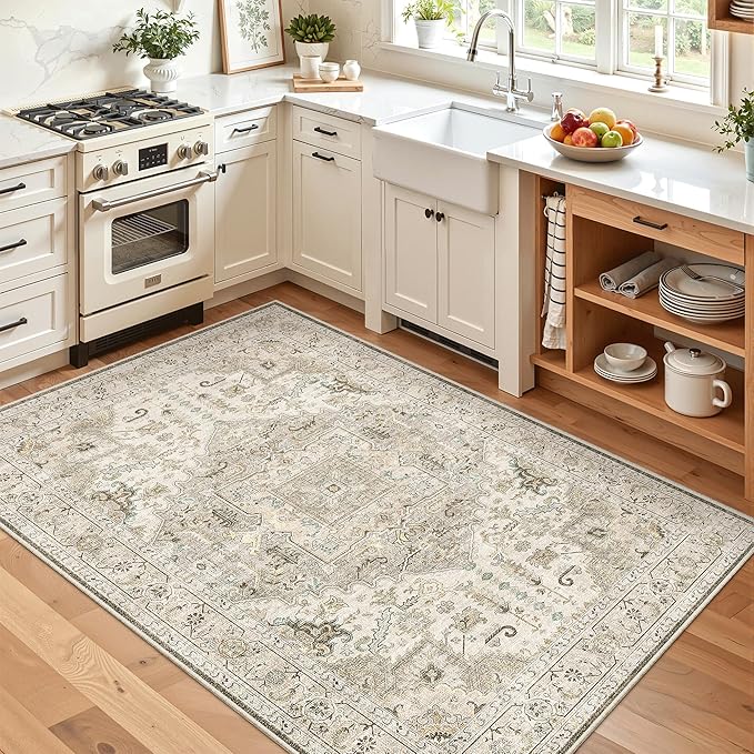 Madane Area Rug 4x6 Washable Rugs: Vintage Living Room Rug Soft Low Pile Non Slip Area Rugs Distressed Indoor Floor Carpet for Bedroom Kitchen Dining Room Home Decor, Ivory/Brown