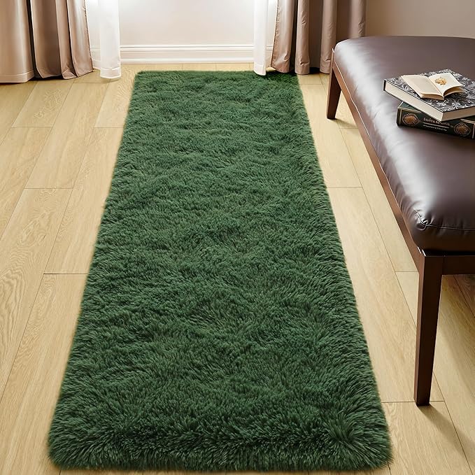 Tepook Soft Runner Rugs for Bedroom 2x6 with Rubber Backing, Dark Green Fluffy Rugs for Hallway, Shag Bedside Rug Fuzzy Plush Carpet for Living Room Dorm Nursery Indoor Home Decor