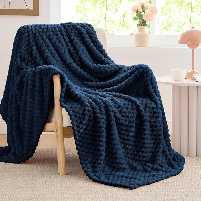 BEDELITE Fleece Blanket Twin Size for Bed Couch, 3D Jacquard Decorative Navy Throw, Soft and Cozy Warm Plush Fuzzy Blanket All Seasons Suitable, 60x80Inches