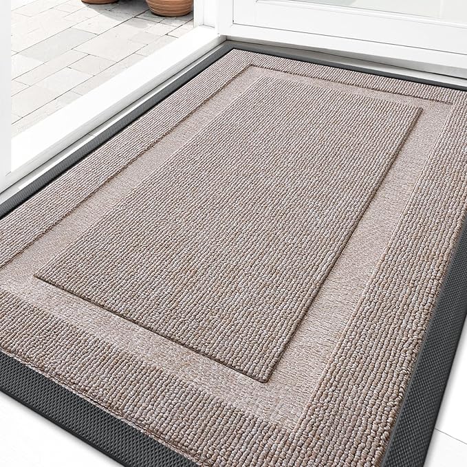 OLANLY Front Door Mat Indoor Outdoor Entrance, Waterproof All-Season, All-Weather Doormat, Sturdy Natural Rubber, Low Profile, Easy Clean Patio Porch Entryway Mat, 33x21, Camel