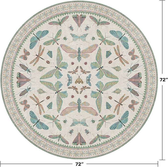 Hazo Haus Green and Blue Insect 6ft Round Soft Rugs for Nursery, Bedroom Beside Bed - Non Skid Rug Low Pile Washable Living Room Rugs, Forest Butterfly Design Stain Resistant Home Décor