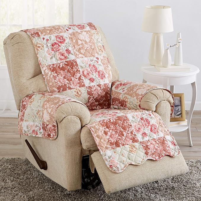 Great Bay Home Reversible Floral Patchwork Recliner Furniture Protector - Machine Washable, Scalloped Edge, Stain Resistant, Printed Furniture Cover for Dogs, Kids, and Pets (Burgundy/Taupe)
