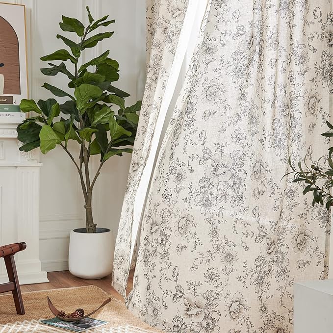 jinchan Linen Floral Curtains 96 Inch Length for Living Room Bedroom Light Filtering Farmhouse Peony Flower Drapes Rustic Window Curtain Set Rod Pocket Back Tab 2 Panels Black