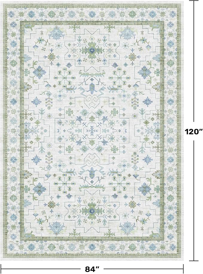Hazo Haus Blue and Green Living Room Rug 7x10 - Cream Oushak Vintage Boho Floral Farmhouse, Washable Low Pile Non-Slip Extra Large Area Rugs for Bedroom, Kids, Lounge