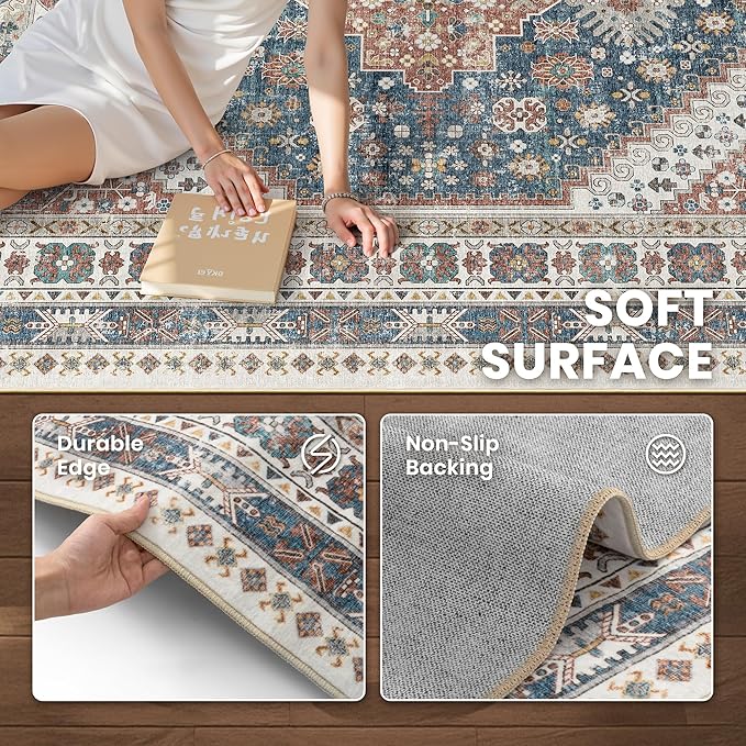 zesthome 8x10 Area Rugs for Living Room,Non-Slip Backing Washable Rugs,Vintage Large Area Rug，Stain Resistant Home Decor Rug (Navy Blue/Red,8'x10')
