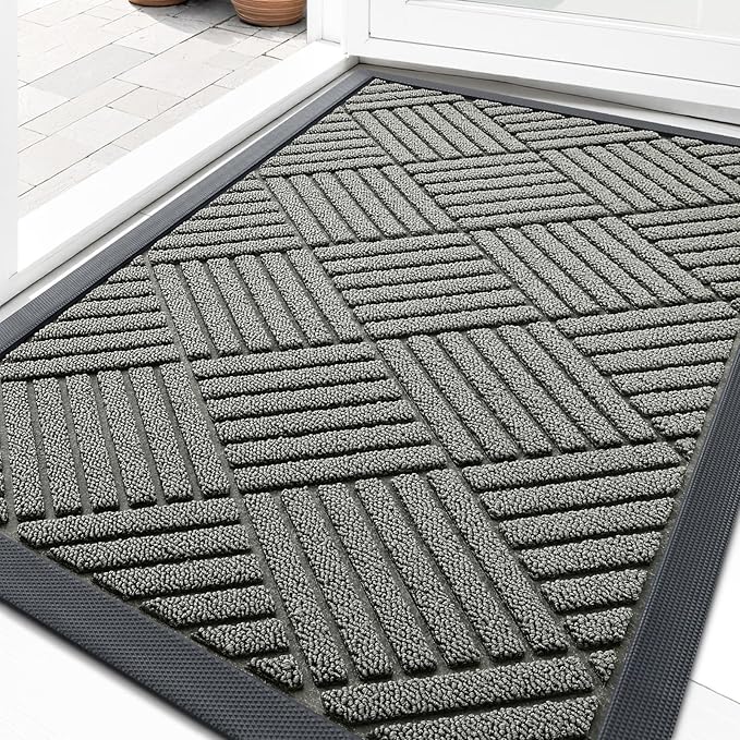OLANLY Front Door Mat Outside Entrance 29.5x17, Absorbent, Heavy Duty Sturdy Natural Rubber Doormat Indoor Outdoor, Stain Fade Resistant, Non-Slip Low Profile Floor Mat Entryway, Modern Gray Diamond