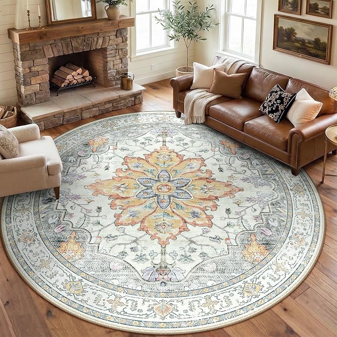 RELEANY Area Rugs 8ft Washable Non-Slip, Floral Vintage Distress Print Pattern Medallion Carpet for Living Room Bedroom Dining Room, Light Yellow Carbon Grey Orange