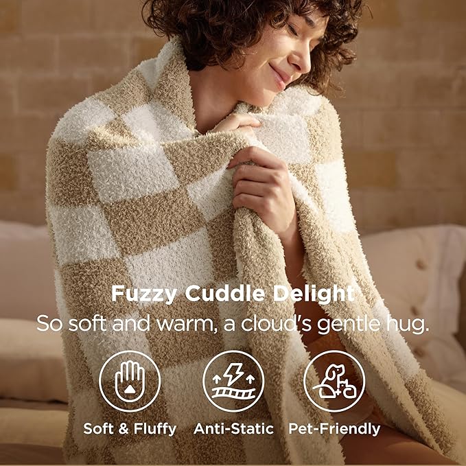 Bedsure GentleSoft Cozy Soft Throw Blanket for Couch, Beige Checkered Fluffy Blanket, Lightweight Warm Knit All Season Throw Blankets for Bed Sofa, Birthday, for Women, 50x60 Inches
