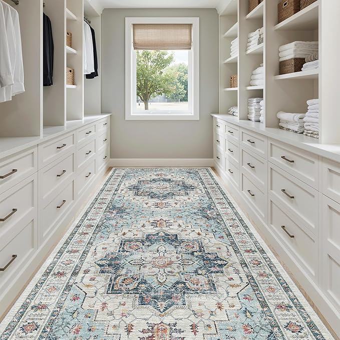 Madane 4x10 Wide Hallway Runner Rug: Washable Soft Rug Runners for Living Room Bedroom, Stain Resistant Low Pile Area Rugs Thin Non Slip Floor Carpet for Ktichen Bathroom Dining Room (Blue, 4x10)