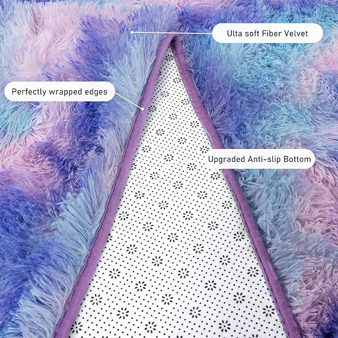 Runner Rugs for Bedroom 2x6 Rug Runners for Hallways Non Slip Soft Shag Bedside Rug, Fluffy Area Rug Throw Rugs for Living Room, Floor Carpet Runner for Nursery Kids Dorm, Rainbow Purple