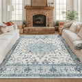 Area Rugs Square 8ft Washable Non-Slip, Floral Vintage Distress Print Pattern Medallion Carpet for Living Room Bedroom Dining Room, Light Blue Navy Beige Gray White