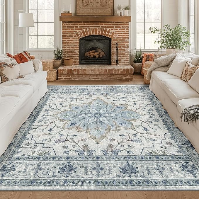Area Rugs Square 8ft Washable Non-Slip, Floral Vintage Distress Print Pattern Medallion Carpet for Living Room Bedroom Dining Room, Light Blue Navy Beige Gray White