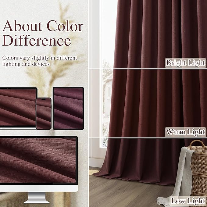 Guken 100% Blackout Curtains 96 Inch Length 2 Panels Set for Living Room Bedroom Back Tab Thermal Insulated Black Out Linen Drapes Room Darkening Reddish Brown,52x96