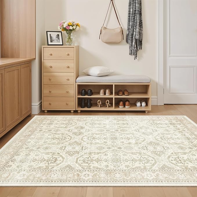 Soalmost 4x6 Area Rugs for Living Room, Vintage Washable Rugs for Dining Room, Bedroom, Home Office Decor, Non-Slip Beige/Brown Carpet Thin Rug