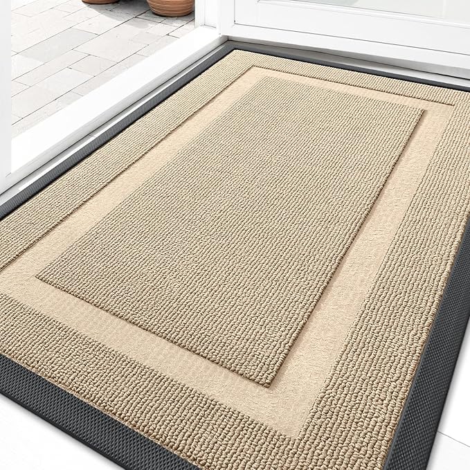 OLANLY Front Door Mat Indoor Outdoor Entrance, Waterproof All-Season, All-Weather Doormat, Sturdy Natural Rubber, Low Profile, Easy Clean Patio Porch Entryway Mat, 29.5x17, Off-White