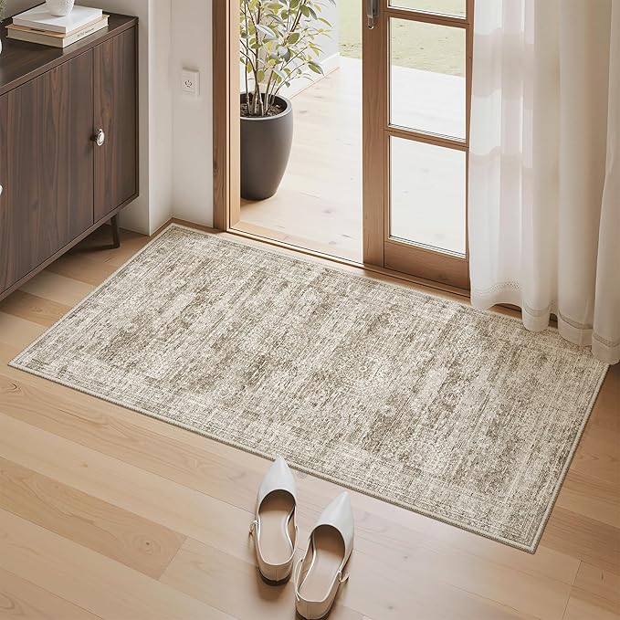 2x4 Washable Rugs for Kitchen, Floor, Entryway, Powder Room Small Area Rug Non-Slip Vintage Low Pile Throw Door Mat Brown