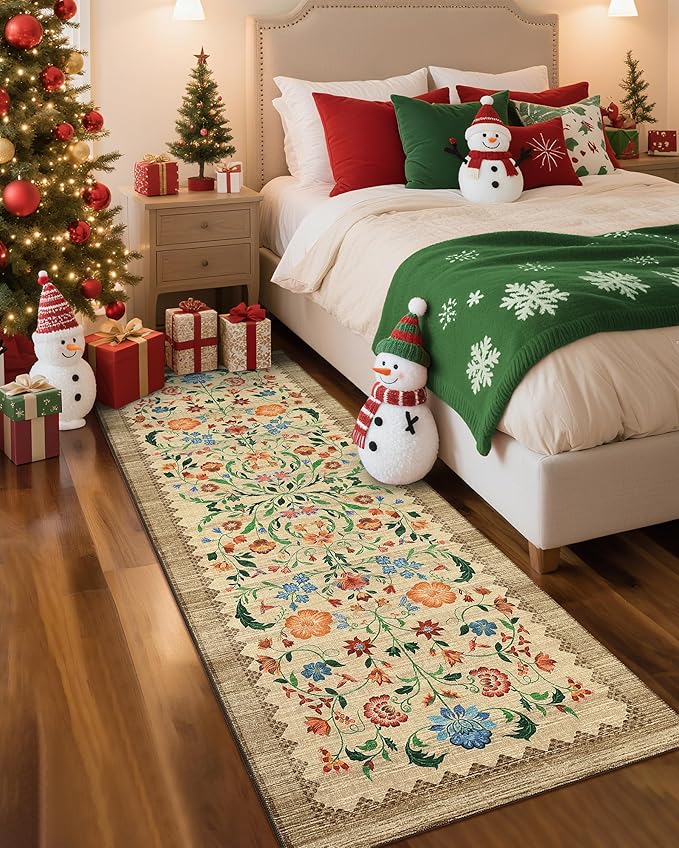 GarveeHome Floral Rug 2.5x8 Runners for Hallways, Boho Kitchen Runner Rugs Non Slip Bath Runners, Vintage Washable Runner Rug for Bedroom, Soft Long Rugs for Entryway Bathroom Laundry Dorm, Beige