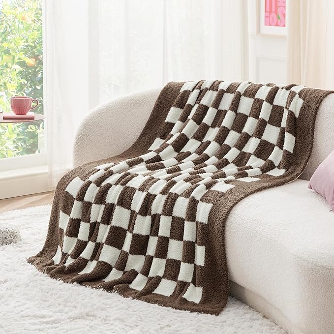 Bedsure GentleSoft Checkered Throw Blanket for Couch - Super Soft Cozy & Warm Knit Brown Blanket, Breathable, Lightweight & Fluffy Plaid Blankets for Bed,Sofa, Gifts for Women Men, 50x60 Inches