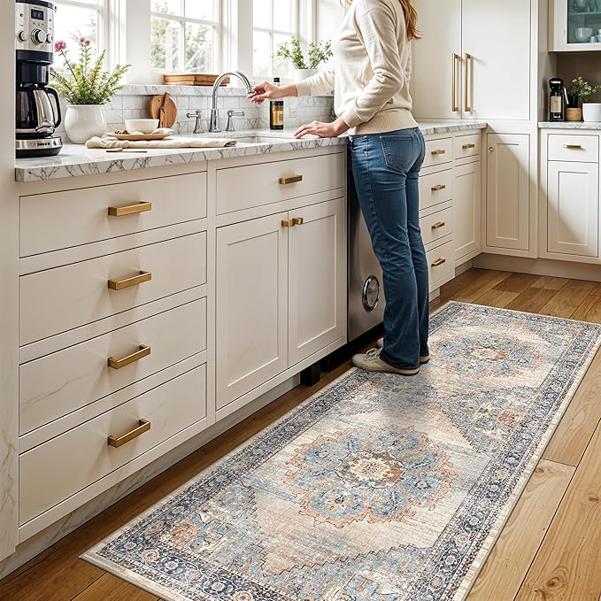 TOPRUUG Washable 3x7 Runner Rug: 7ft Non-Slip Stain Resistant Rugs for Hallway Durable Light Weight Blue Kitchen Mat Ultra Thin Soft Low-Pile Floor Mat for Bedroom Entryway Home Decor (Blue, 3X7)