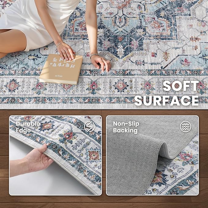 zesthome 8x10 Area Rugs,Stain Resistant Washable Rug,Ultra-Thin Rugs for Living Room,Bedroom,Non-Slip Backing Home Decor Large Area Rug (Blue,8'x10')