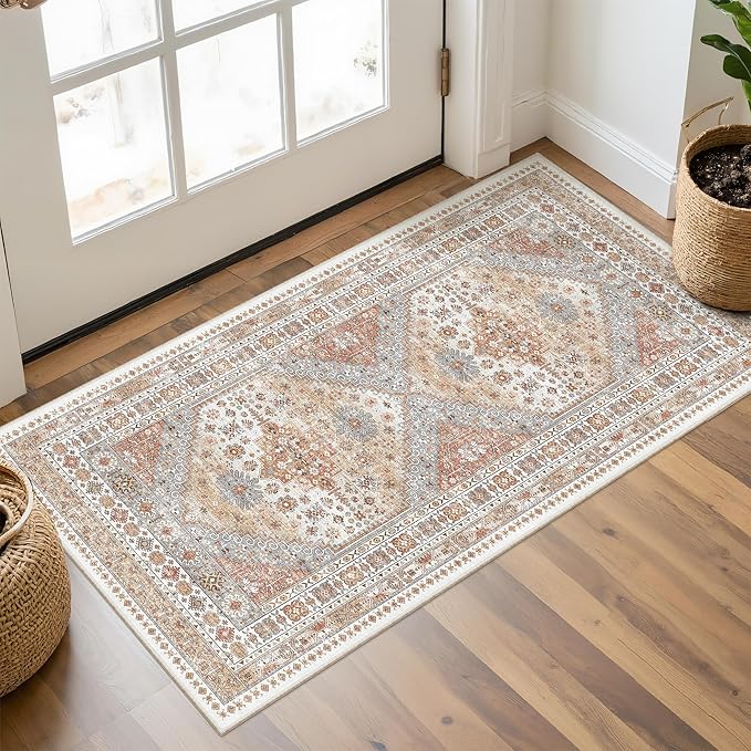 2x4 Washable Rug Runner for Bathroom, Soft Entryway Rug for Laundry Room, Kitchen, Vintage Hallway Runner for Bedroom, Anti-Slip Door Mat Indoor Entrance(Orange,2'x4')