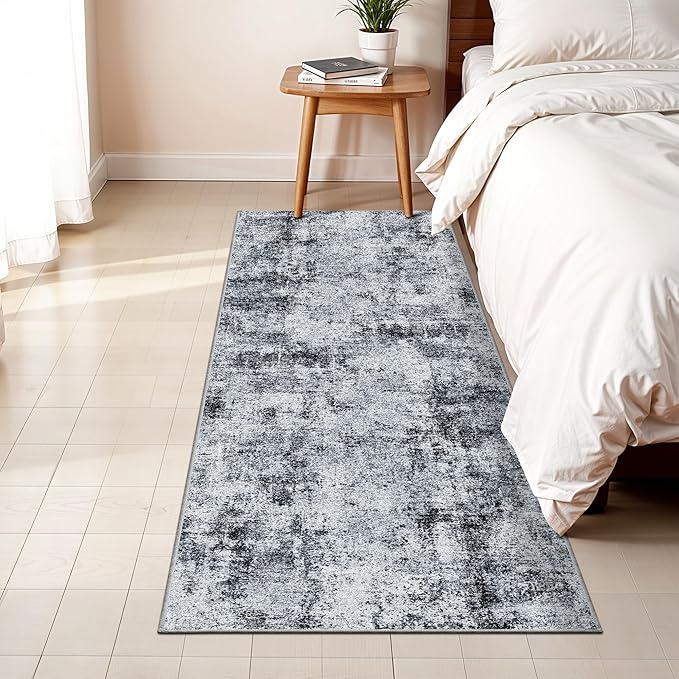 2x5 Washable Runner Rug for Hallway: Non Slip Entryway Runners Rugs Easy-to-Clean - Soft Living Room Bedroom Carpet - Thin Low Pile Floor Mat for Dining Room Black Grey