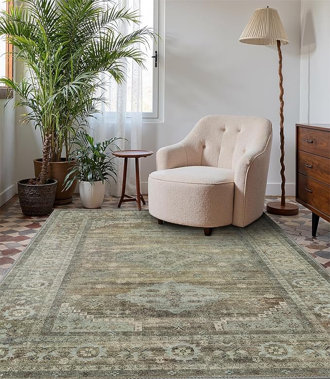 BEIMO Area Rugs 5x7 for Living Room Bedroom, Modern Boho Machine Washable Large Distressed Light Greyish Sage Green Rug, Low Pile Floor Carpet with Non Slip Backing for Dining Room
