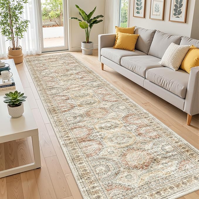 Long Bathroom Rugs Runner - Washable Runner Rugs for Hallway 2x10, Ultra-Thin Soft Kitchen Carpet Runner, Anti Slip Backing Runner Rugs for Entrance, Bedroom, Living Room(2'x10', Brown/Pink)