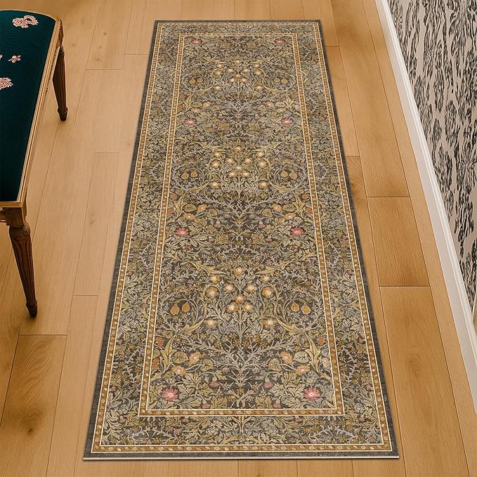 Hazo Haus Non Slip 2x7 Gold Brown Runner Rugs - Washable Long Runner for Bathroom, Kitchen, Hallway, Indoor Floor Mat, Bedroom Bedside - Brown Earthy Vintage Floral Décor