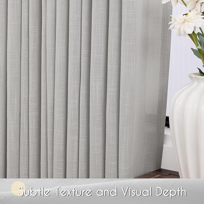 Linen Blend Grey Curtains for Living Room Back Tab Modern Farmhouse Semi Sheer Light Gray Curtains 63 inches Long 2 Panels Set Muted Neutral Cotton Texture Window Curtain for Dining Room Bedroom