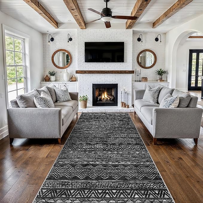 4x10 Washable Hallway Runner Rug：Moroccan Non-Slip Wide Runners for Entryway Kitchen Soft Modern Geometric Low-Pile Rugs for Living Room Thin Waterproof Carpet for Bedroom Bathroom Laundry(Black,4x10)