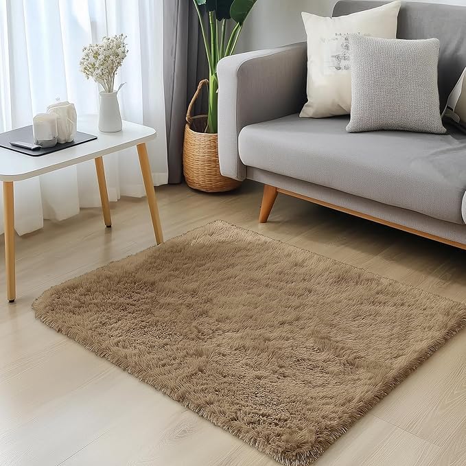 OLANLY 2x3 Machine Washable Small Bedside Rug, Soft Fluffy Shaggy Entryway Throw Rugs for Bedroom, Living Room, Indoor Floor Carpet for Kids Girls and Boys, Home Decor Aesthetic, Taupe