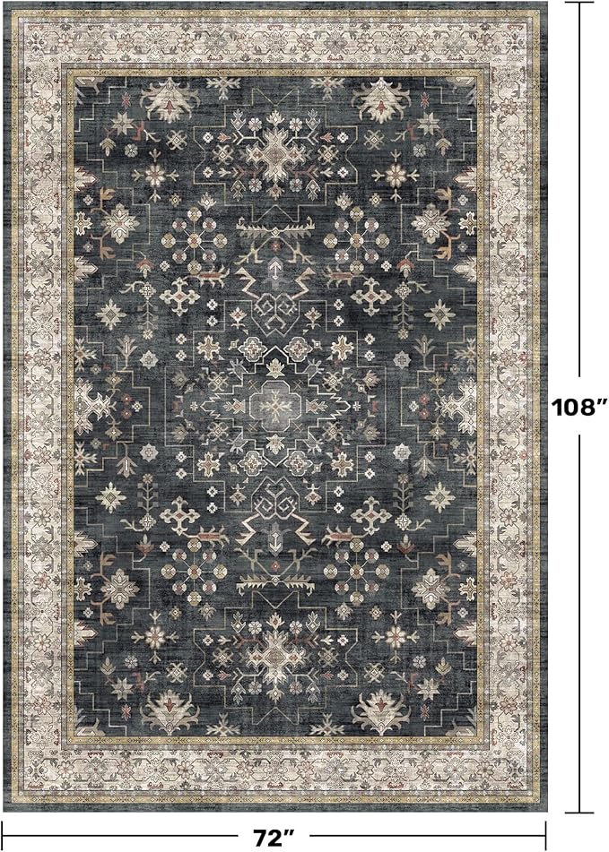 Boho Dining Room Rugs for Under Table - 6x9 Washable Black Area Rug For Living Room, Low Pile Non-Slip Rugs for Bedroom, Office - Charming Farmhouse Decor & Stain Resistance (6x9 Black/Multi)