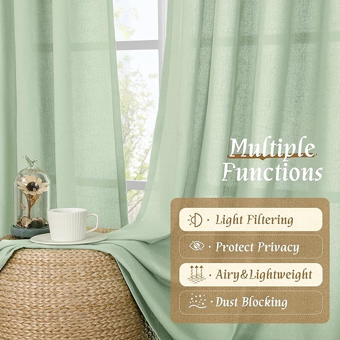 LAMIT Light Green Linen Window Curtains 63 Inch Length, Light Filtering Neutral Privacy Curtain Panels Farmhouse Rod Pocket Living Room Drapes for Bedroom, 2 Panels, 52 x 63 Inch