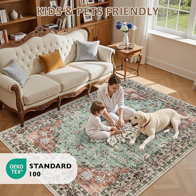 5x7 Area Rugs Living Room Rug: Washable Vintage Distressed Floral Rug No Slip Stain Resistant Soft Carpet Indoor Large Carpets for Bedroom Dining Room Farmhouse Nursery Hallway Home Office Brown Green