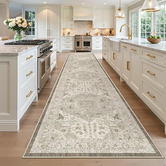 Madane Hallway Runner Rug 3x16 - Vintage Non Slip Washable 16ft Kitchen Runner for Entrance Soft Long Carpet Runners for Living Room Bathroom Low Pile Floor Mat for Bedroom Dining Room, Ivory/Brown