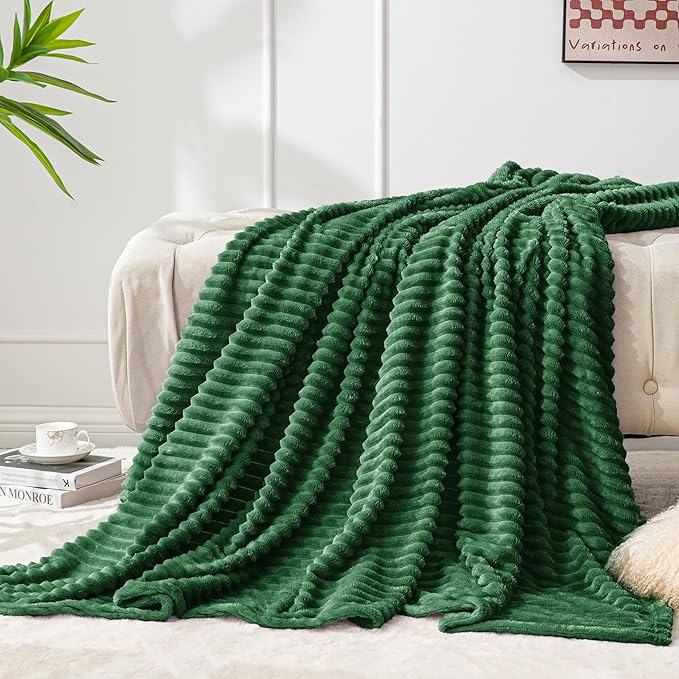 BEDELITE Fleece Throw Blanket for Couch – 3D Ribbed Jacquard Soft and Warm Decorative Fuzzy Blanket – Cozy, Fluffy, Plush Lightweight Green Throw Blankets for Bed, Sofa, 50x60 inches