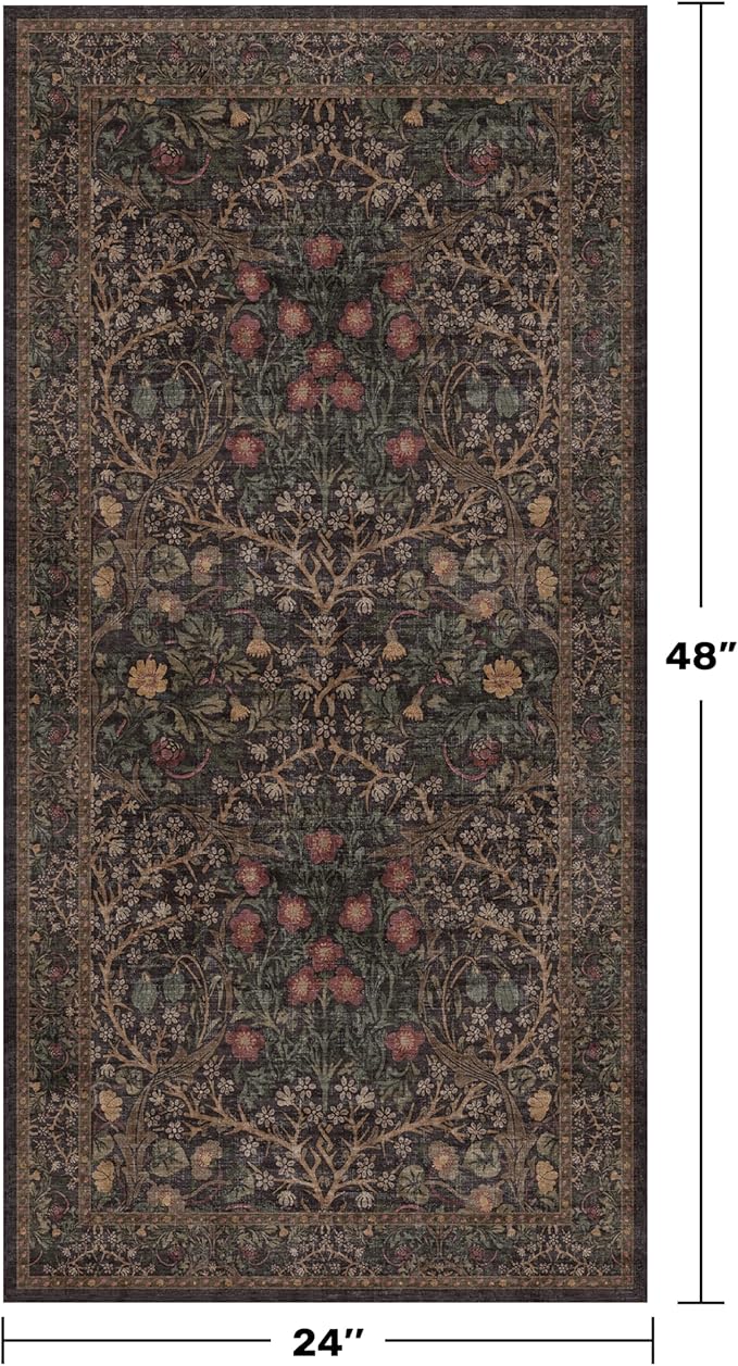 Dark Brown 2x4 Entryway Rug, Small Runners for Kitchen, Door Mat Indoor Entrance, Bathroom, Non-Slip Low-Pile Washable Stain Resistant, Vintage Floral Design