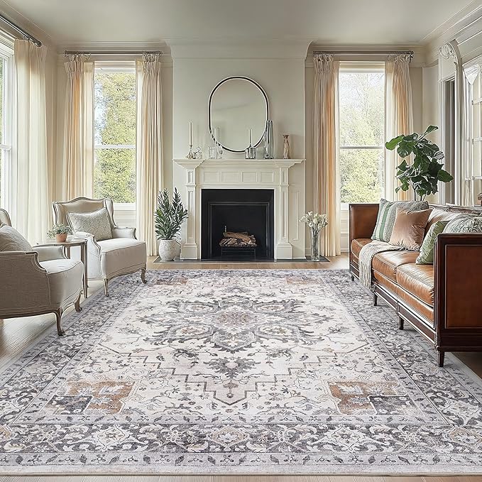 AMADA HOMEFURNISHING 8x10 Area Rugs, Low-Profile Large Washable Area Rug with Non-Slip Backing & Durable Edge Binding, Vintage Rugs for Living Room, Bedroom, Dinning Room