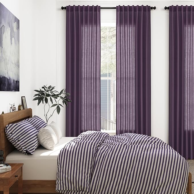 Nanspring Plum Linen Curtains 90 Inch Long 2 Panels Set for Bedroom Living Room Plum Linen Textured Window Drapes Semi Sheer Light Filtering Rod Pocket Back Tab Farmhouse Curtain 52x90